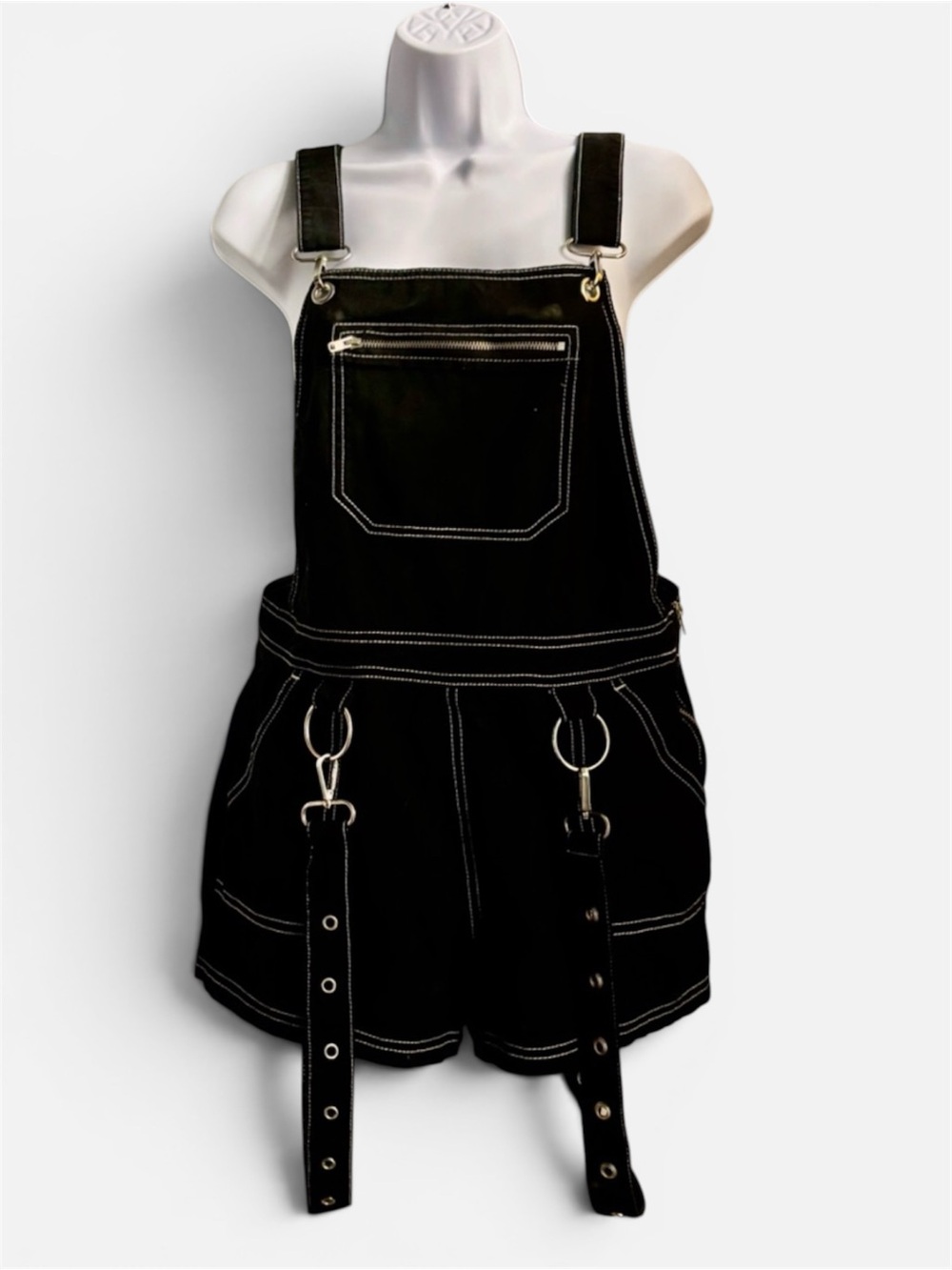 Hot Topic Black Short Suspender Skirt with White Stitching